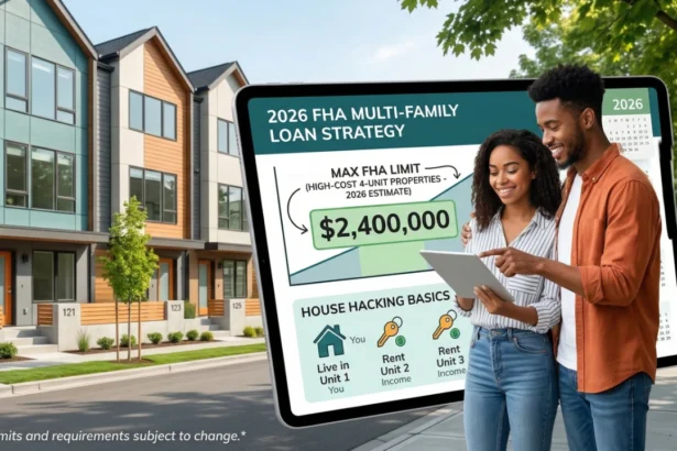 A multi-family property showcasing a duplex, triplex, and fourplex with a 'For Sale' sign.