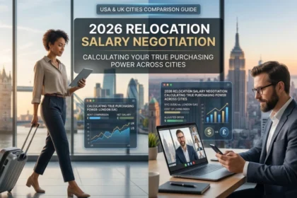 A person calculating costs of relocation with a laptop and notepad