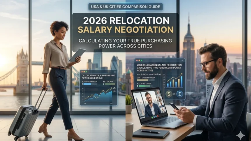 A person calculating costs of relocation with a laptop and notepad