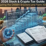A calculator with tax documents and cryptocurrency symbols representing the 2026 tax landscape.