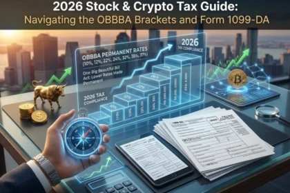 A calculator with tax documents and cryptocurrency symbols representing the 2026 tax landscape.