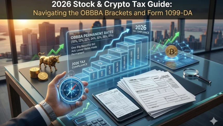 A calculator with tax documents and cryptocurrency symbols representing the 2026 tax landscape.