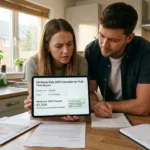 A young couple standing in front of a new home with a calculator and documents, symbolizing first-time buyers navigating stamp duty.