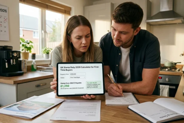 A young couple standing in front of a new home with a calculator and documents, symbolizing first-time buyers navigating stamp duty.