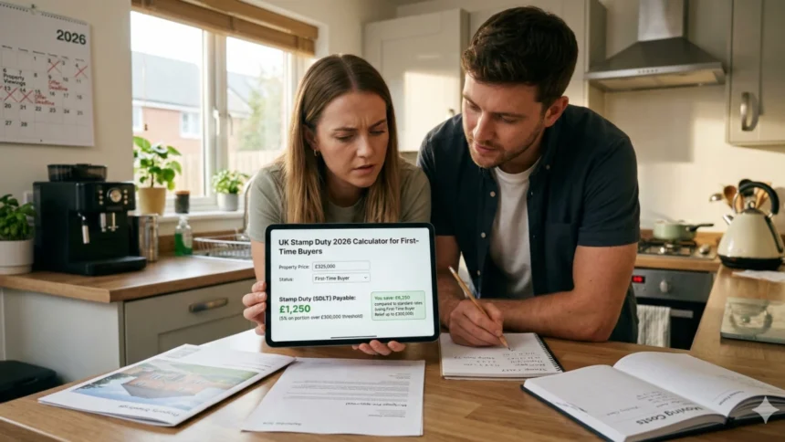 A young couple standing in front of a new home with a calculator and documents, symbolizing first-time buyers navigating stamp duty.